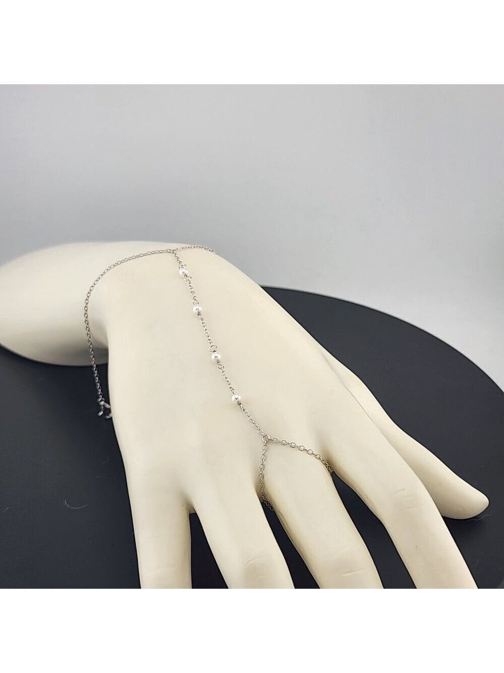 Sterling Silver 925 White Beaded Hand Bracelet with Ring - Picture 4 of 11